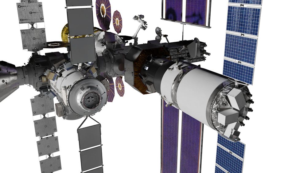 Rendering of clustered modules and solar arrays on a plain white background, robotic arm extended