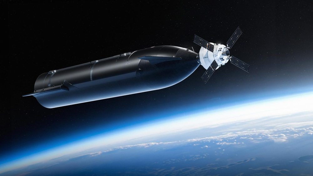 Rendering of a long finned vehicle with a far smaller four-winged capsule at its nose
