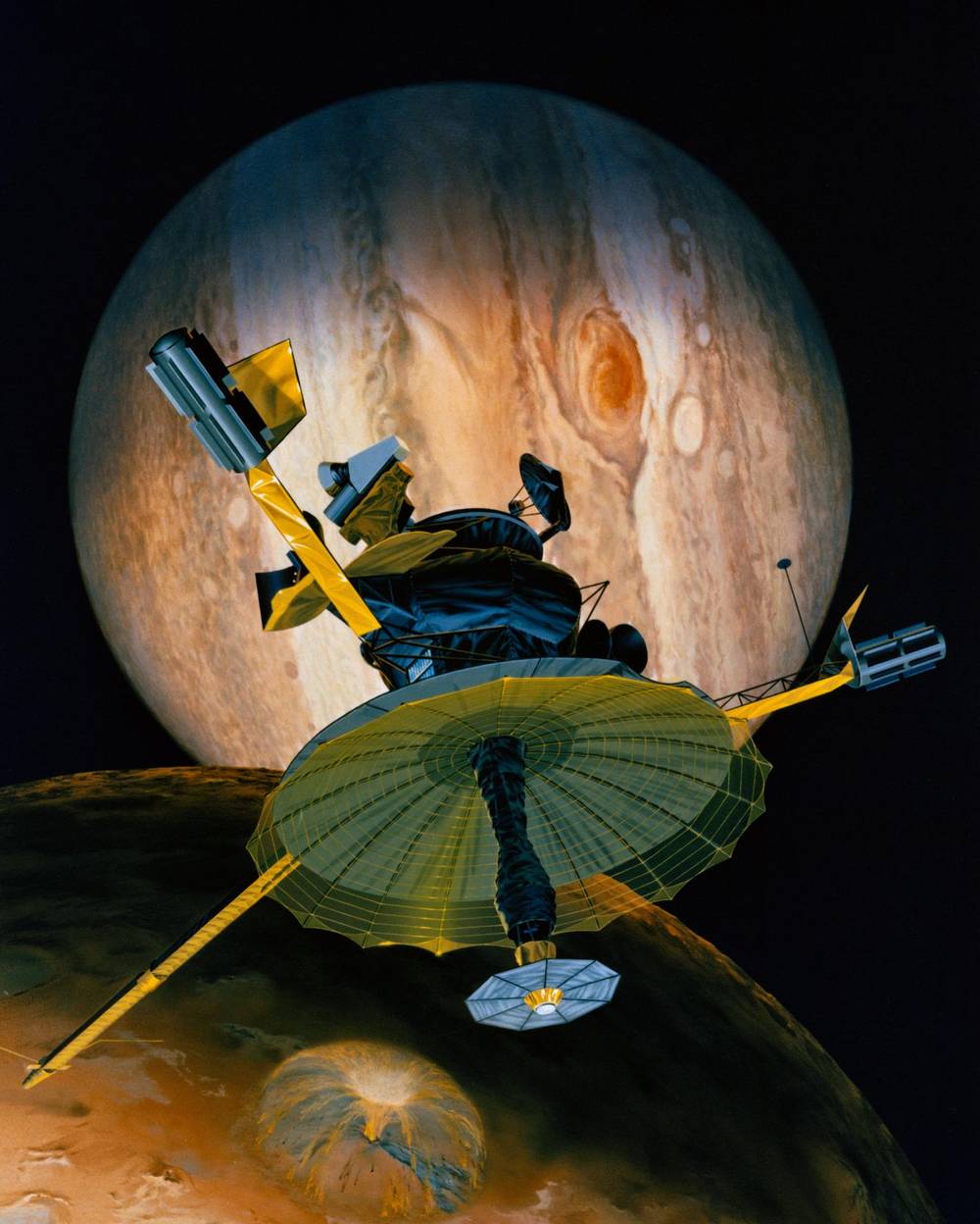 Painting of a spacecraft with an umbrella-like antenna above an orange volcanic moon