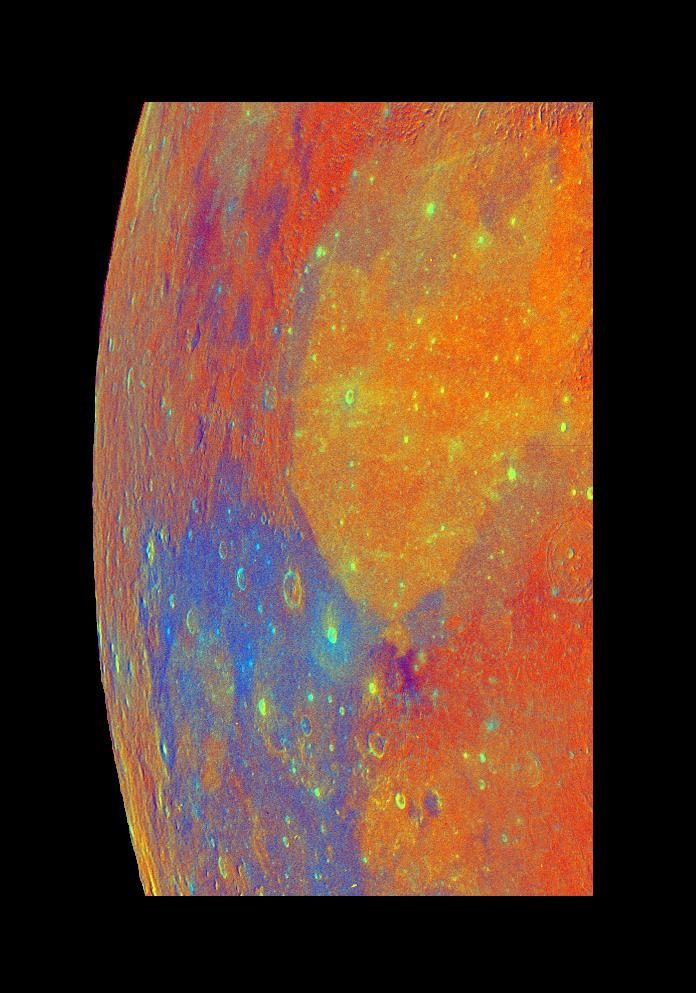 Strip of the lunar limb in vivid orange, blue and green against black