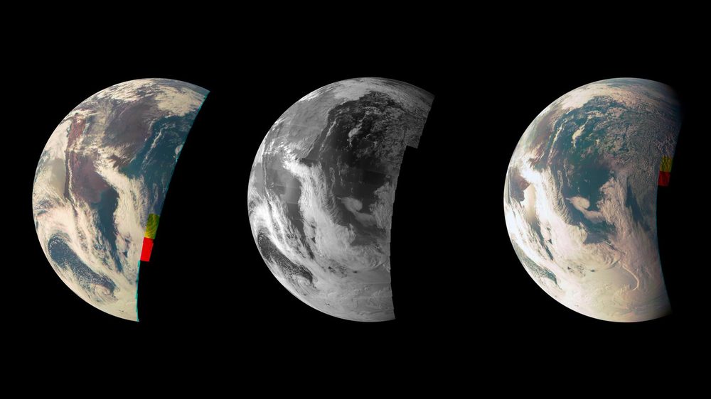 Three crescent views of Earth side by side, two in colour and one in grey