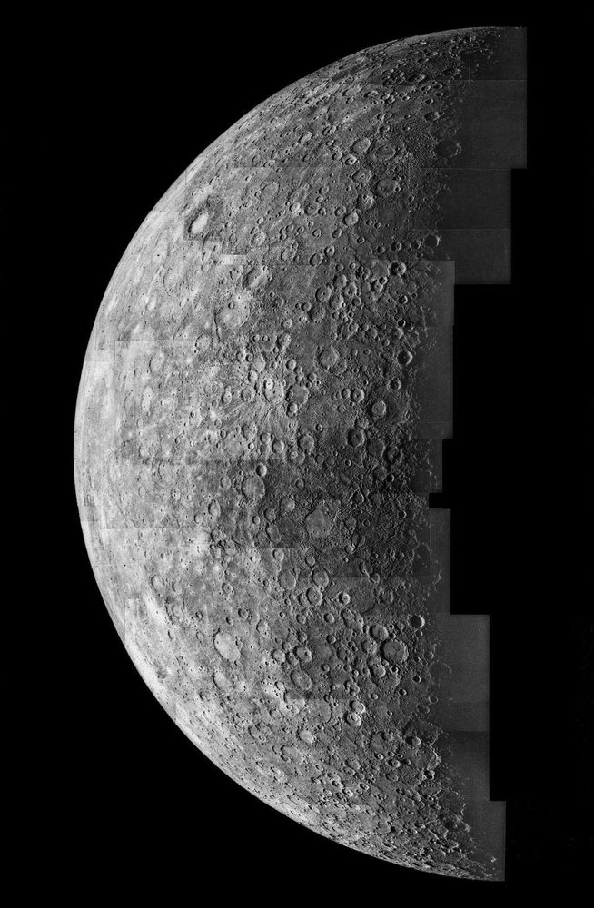 Cratered half-disc assembled from tiles, the stepped seams of the mosaic visible at right