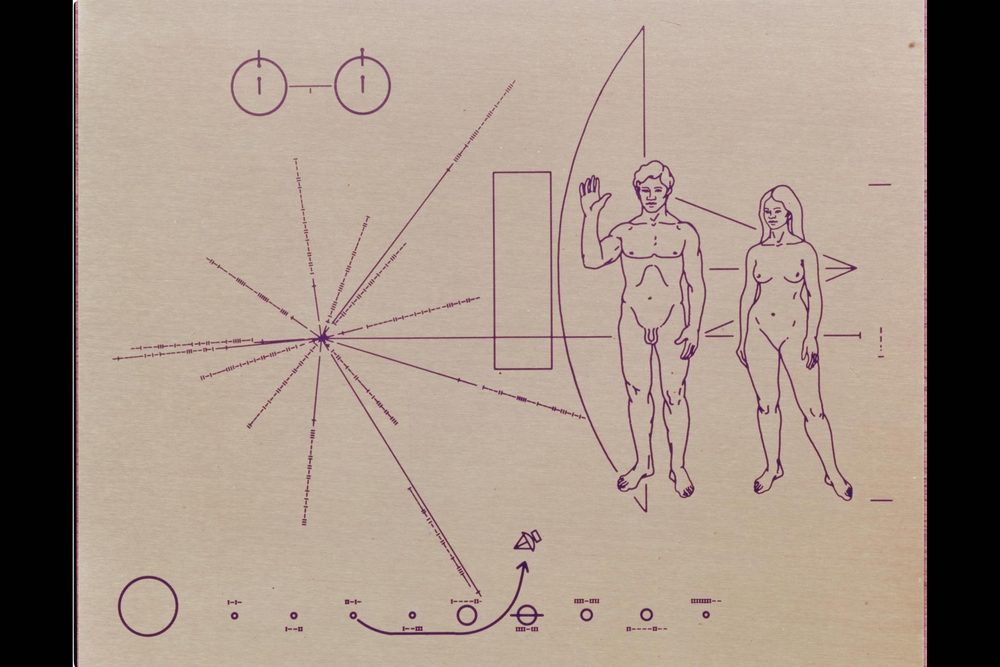 Engraved gold plate: line-drawn man and woman, a radial star map, small planets below