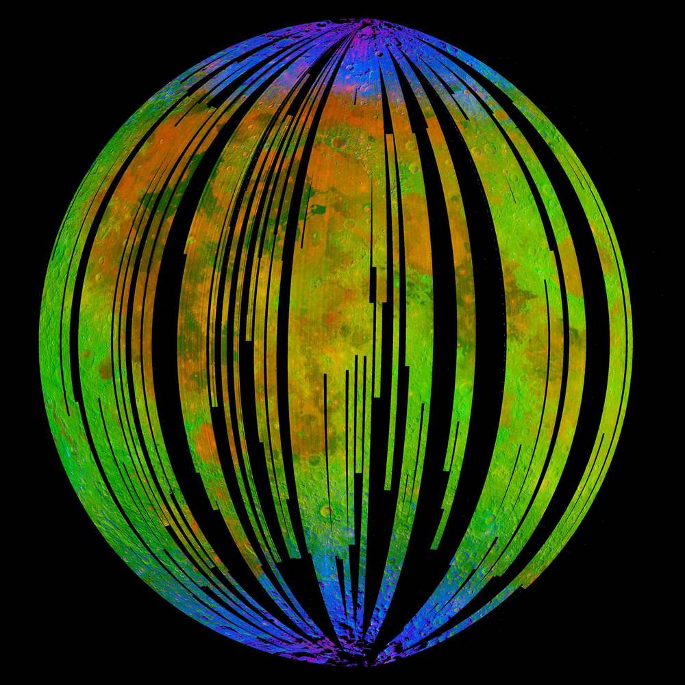 False-colour lunar globe in green and orange, narrow black gaps between orbital strips