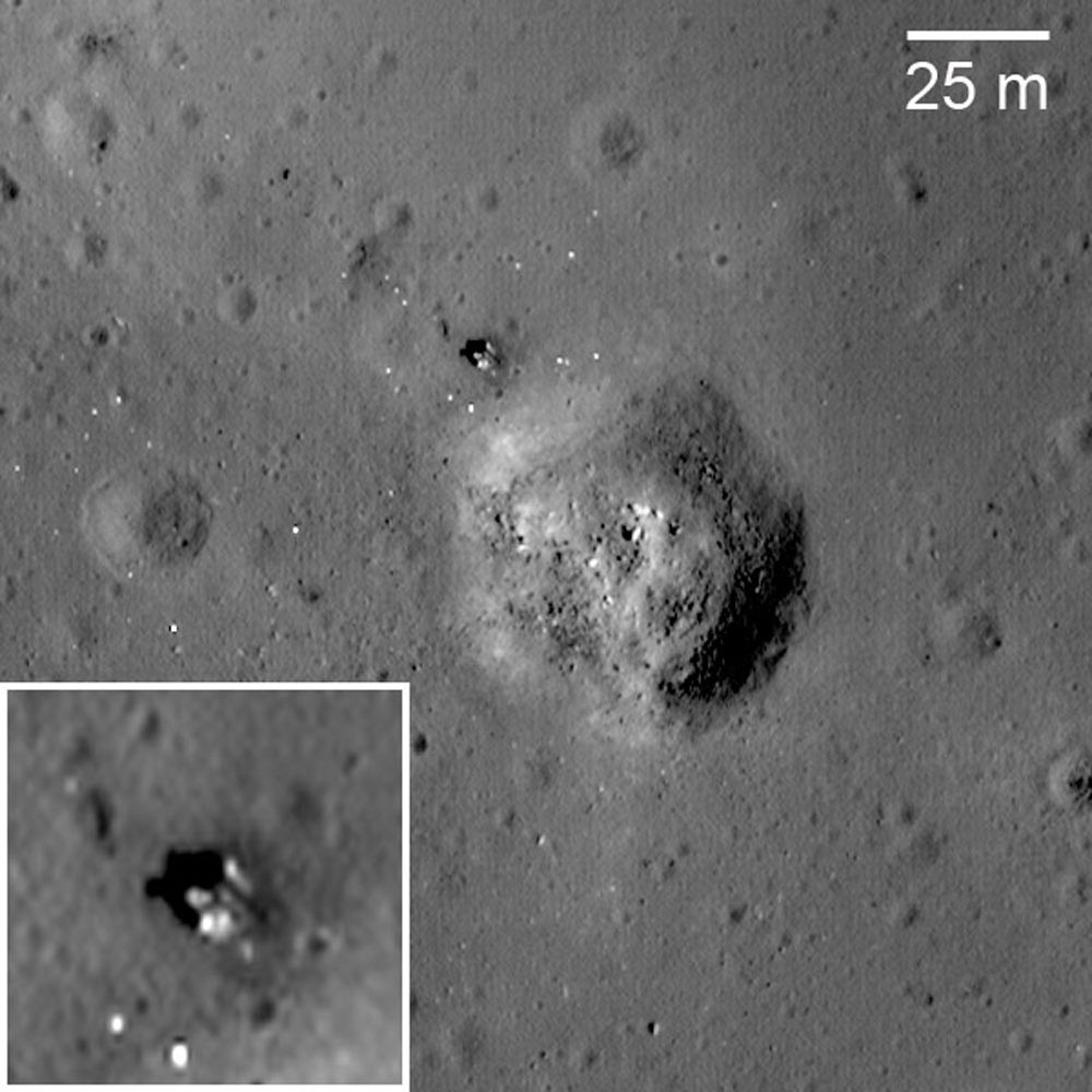 Overhead greyscale of a blocky crater, an inset enlarging a bright speck beside it