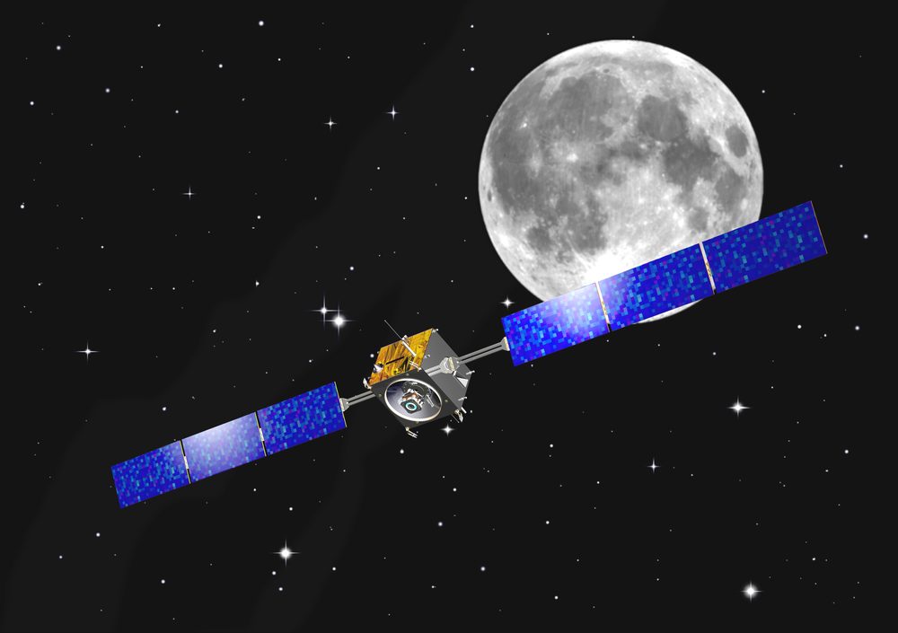 Boxy craft with long blue solar wings against a starfield, the full Moon behind