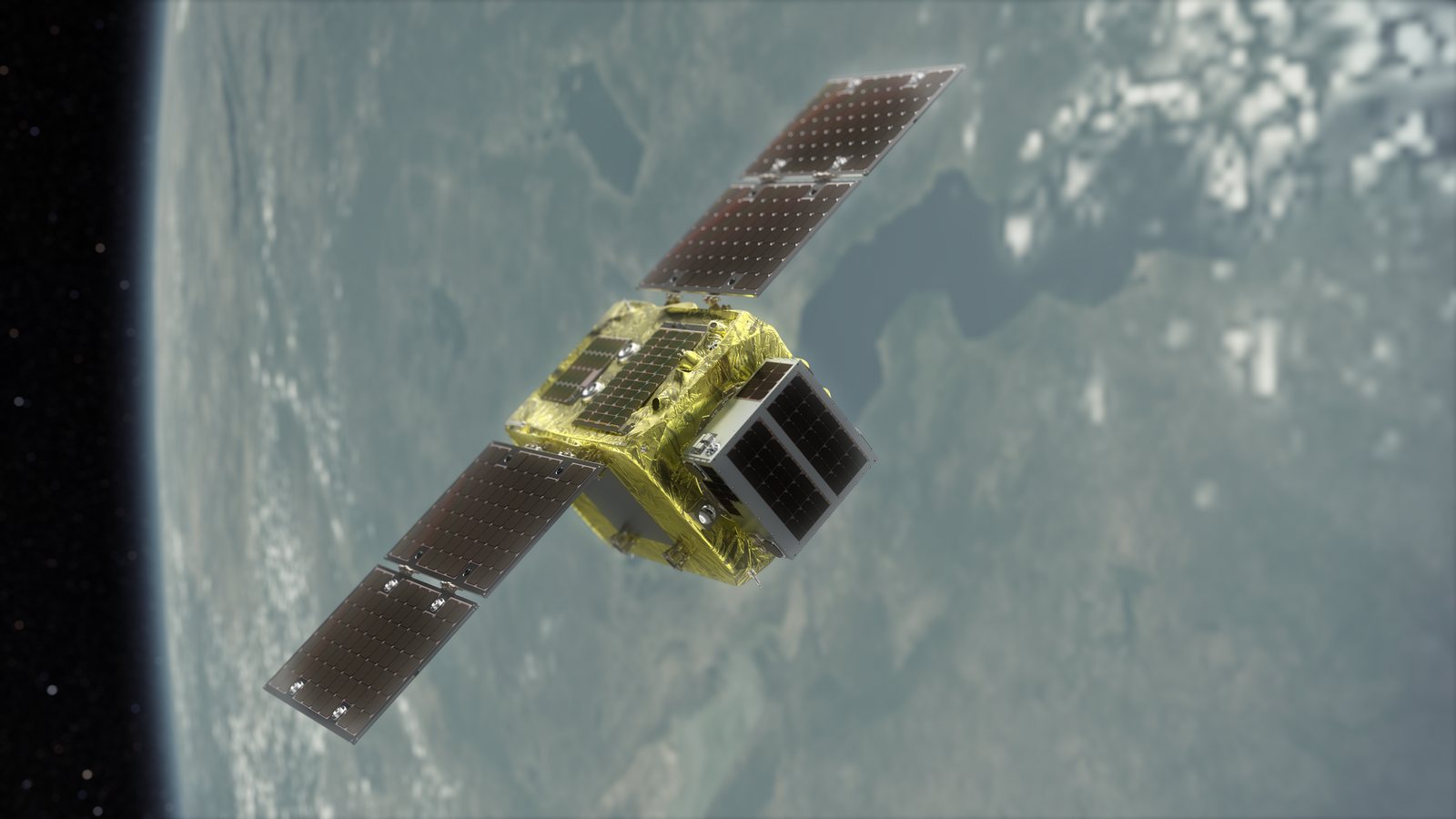 Rendering of a gold-wrapped servicer with twin dark solar wings carrying a small boxy client satellite above Earth