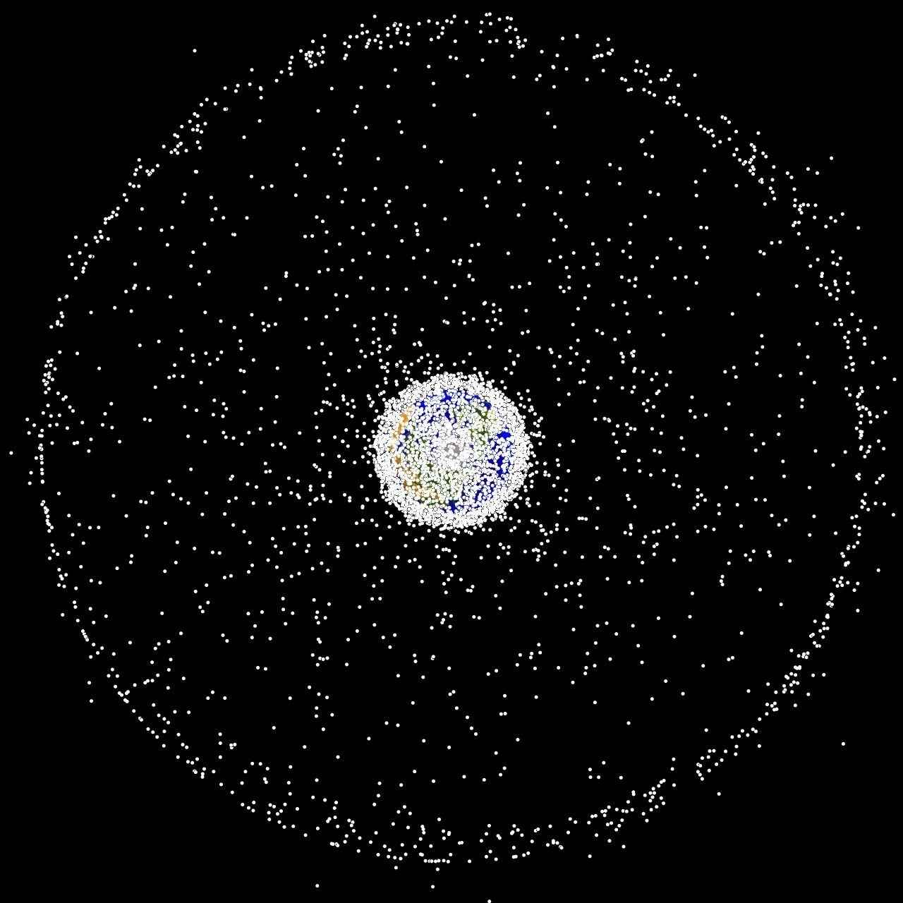 Computer plot from above the north pole, Earth ringed by tracked objects with the geostationary ring a sharp outer circle