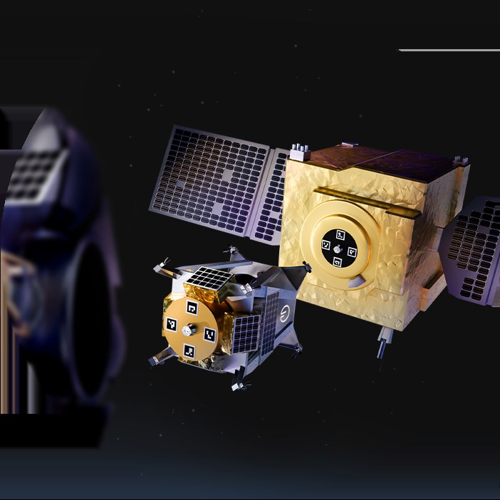 Render of an Orbit Fab fuel shuttle with fiducial markers docking to a gold client satellite