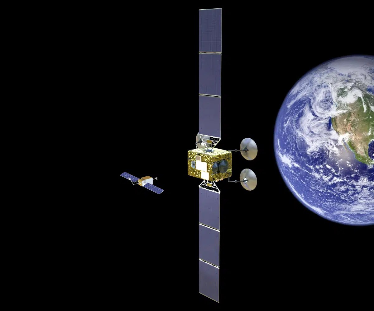 Render of the small Otter servicer approaching a large geostationary communications satellite